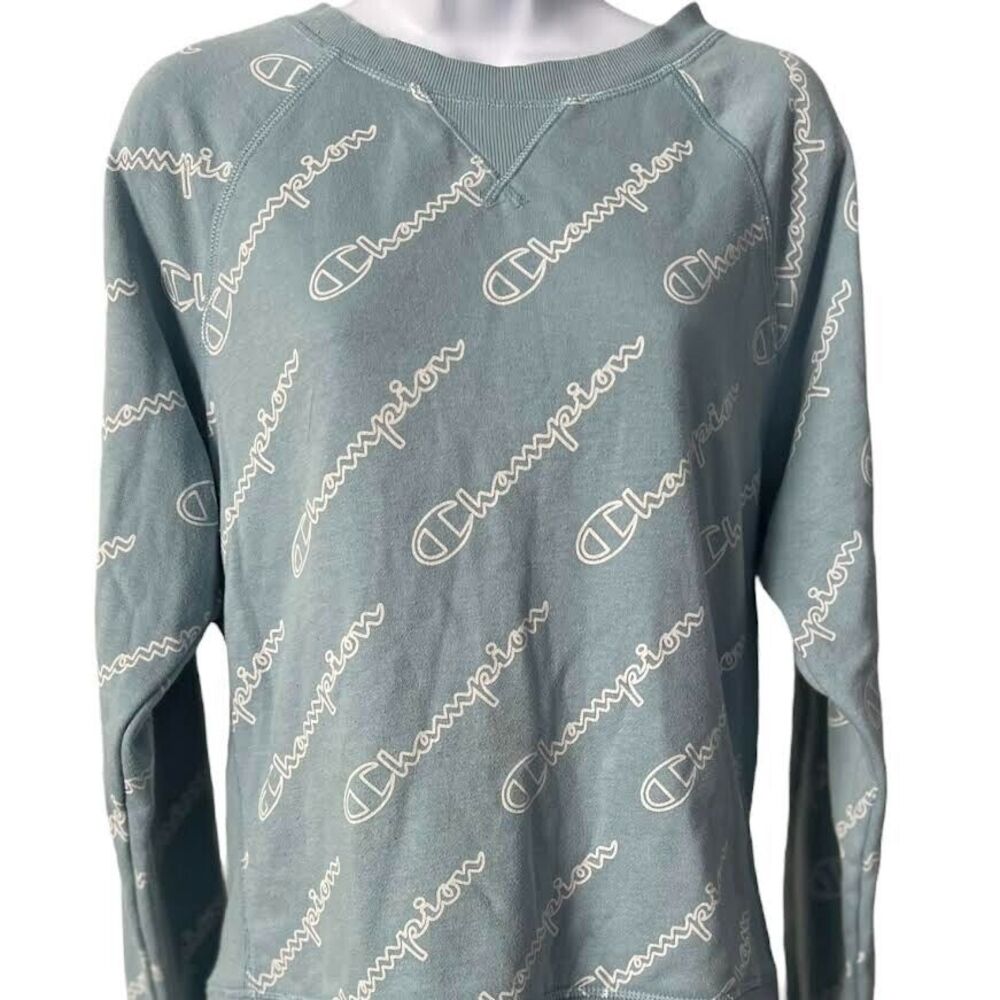 Champion Women's French Terry Sweatshirt Blue Logo Graphic Athleisure Si…